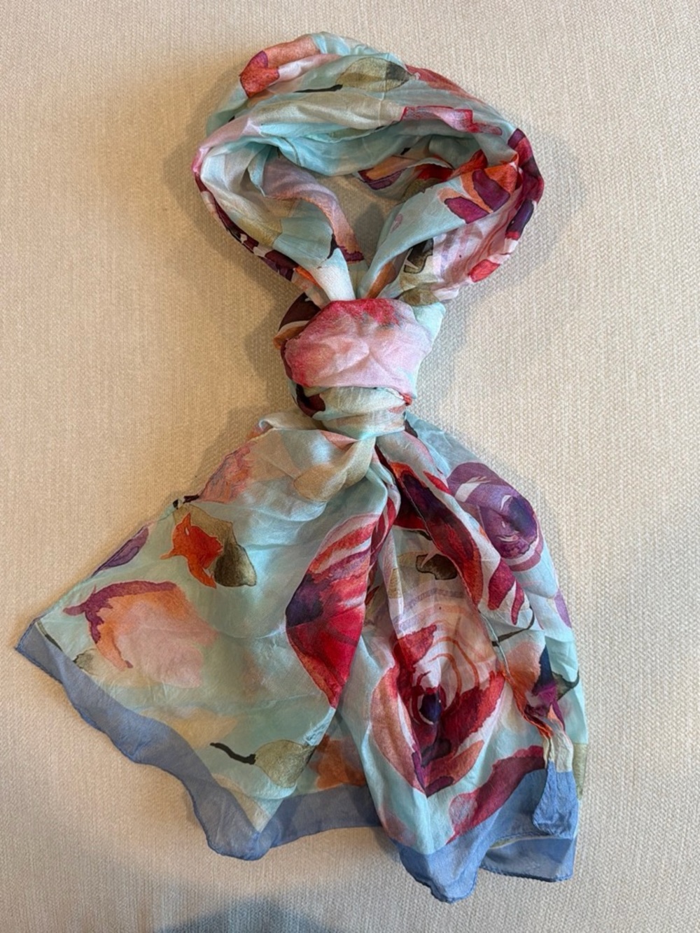 Asian Eye Floral Light Blue Silk Scarf with Pink & Red Accents